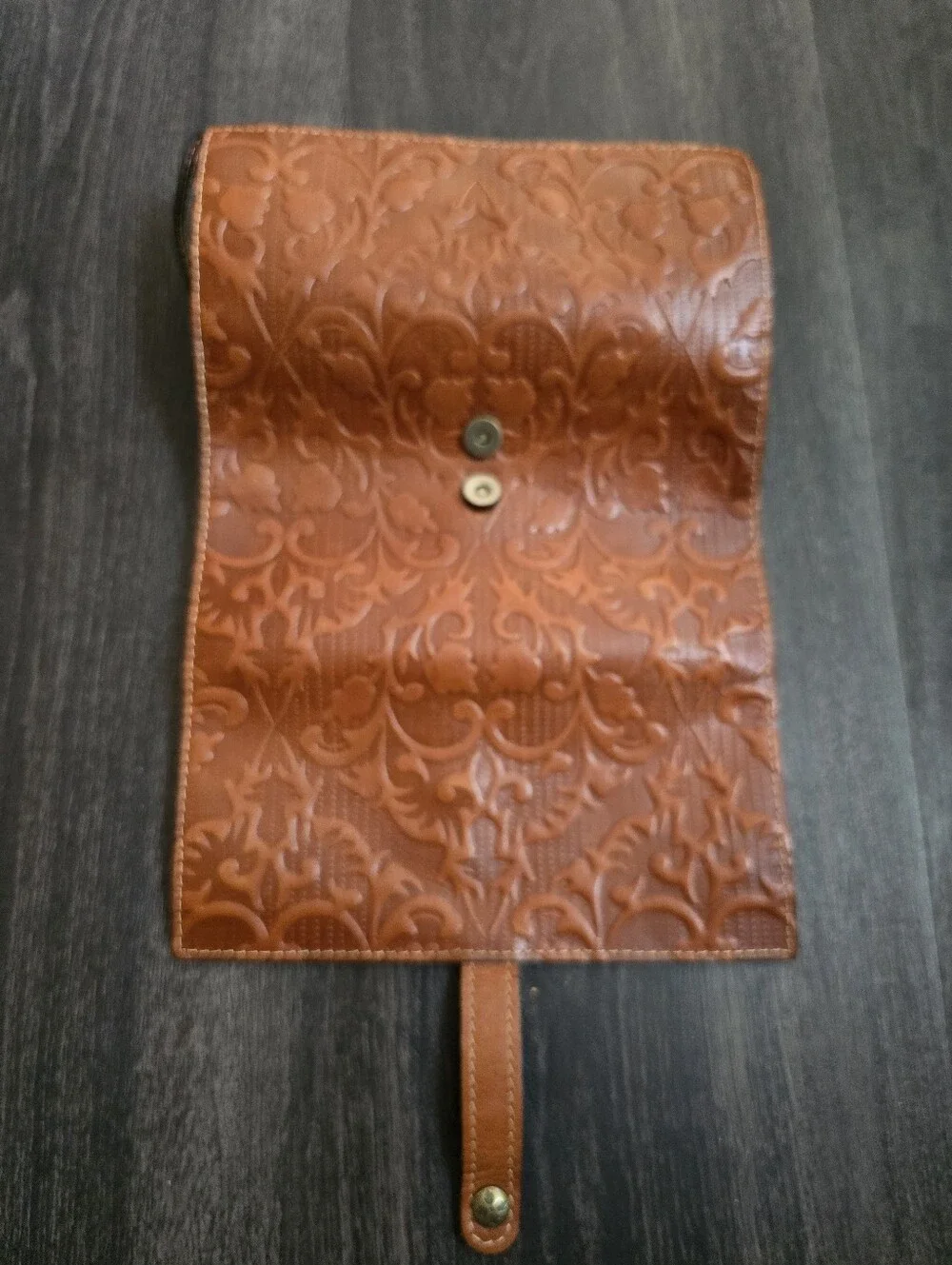 Tooled Leather Makeup Brush Roll Organizer Cognac Brown Barrel Zip Travel Case